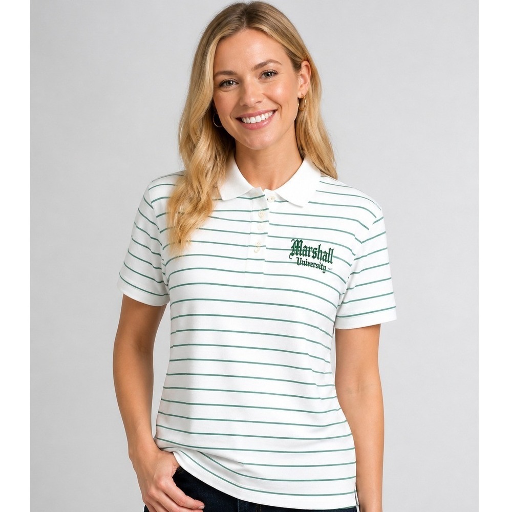 RC Sportswear Marshall University Polo Women Size M White Green Striped